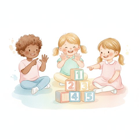 Children counting on fingers and with number blocks