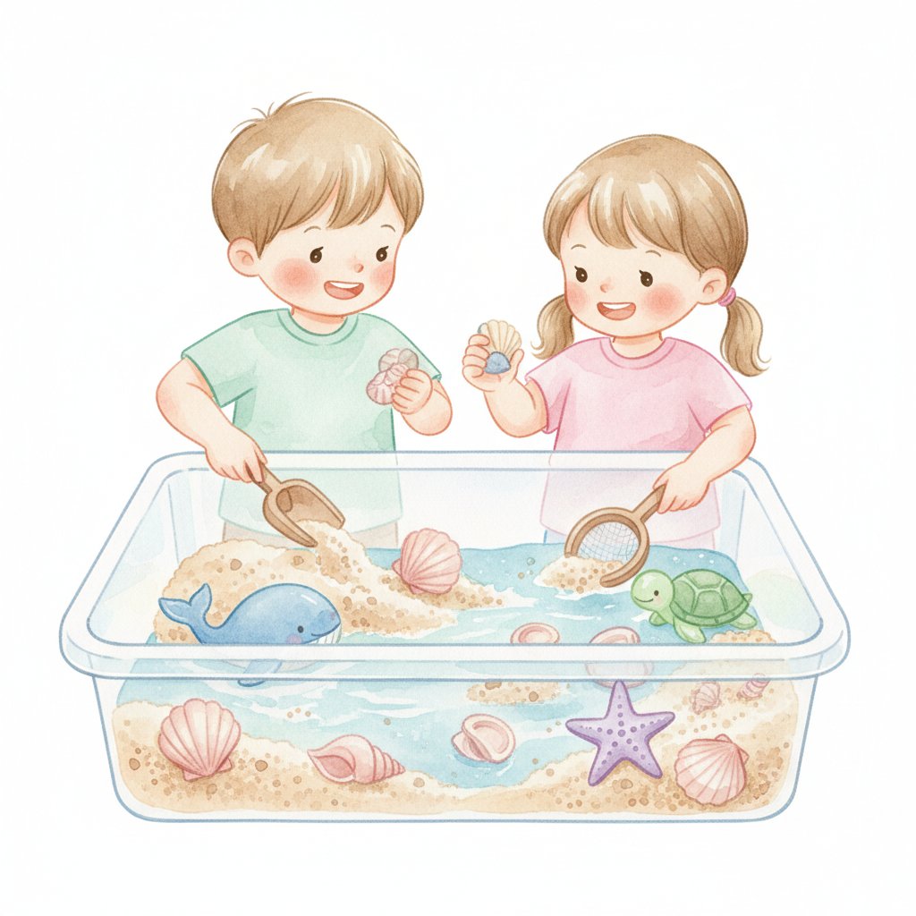 Watercolor illustration of preschoolers exploring an ocean sensory bin with blue water, sand, shells, and toy sea animals