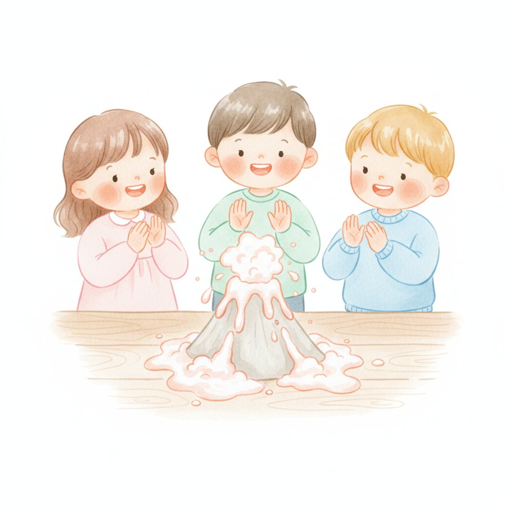 Delighted young children watching a fizzing baking-soda volcano erupt