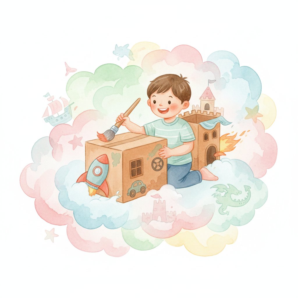 Child transforming a cardboard box into many imaginary things