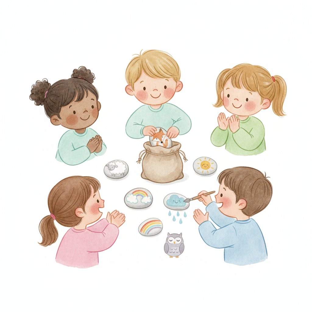 Watercolor of children drawing painted story stones from a bag