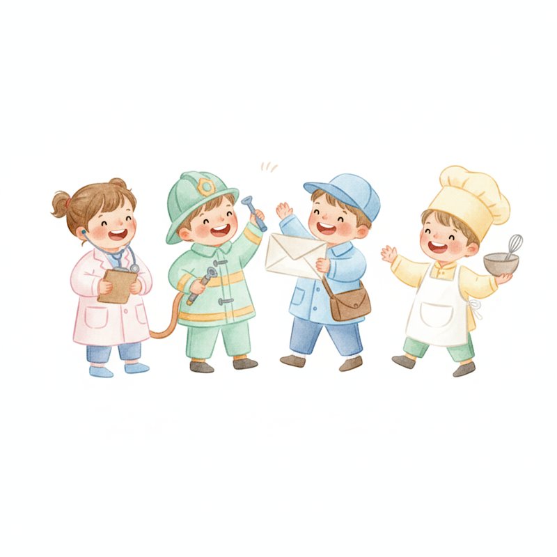 Children dressed up role-playing community helpers - doctor firefighter mail carrier and chef
