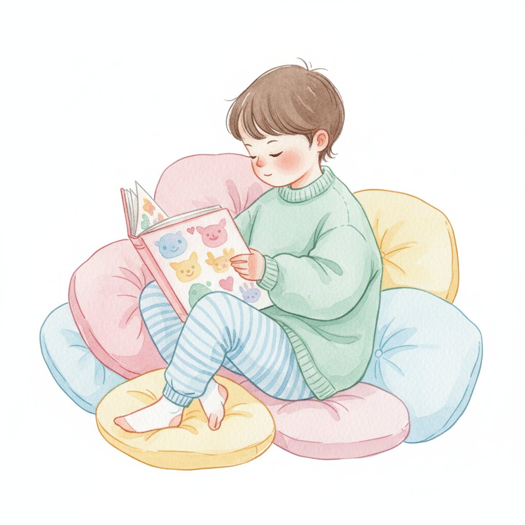 A child reading picture books in a cozy reading nook