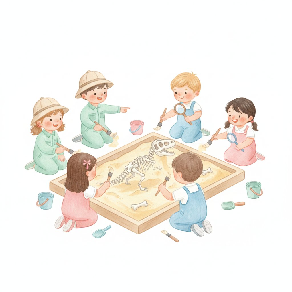 Children brushing sand off a buried toy dinosaur in a sandbox dig