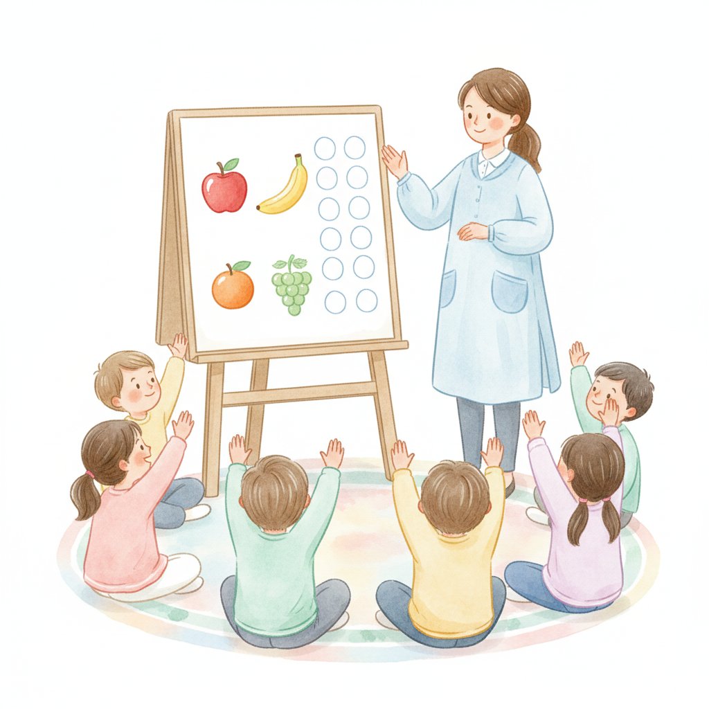 Preschoolers raising hands to vote for their favorite snack beside a fruit chart