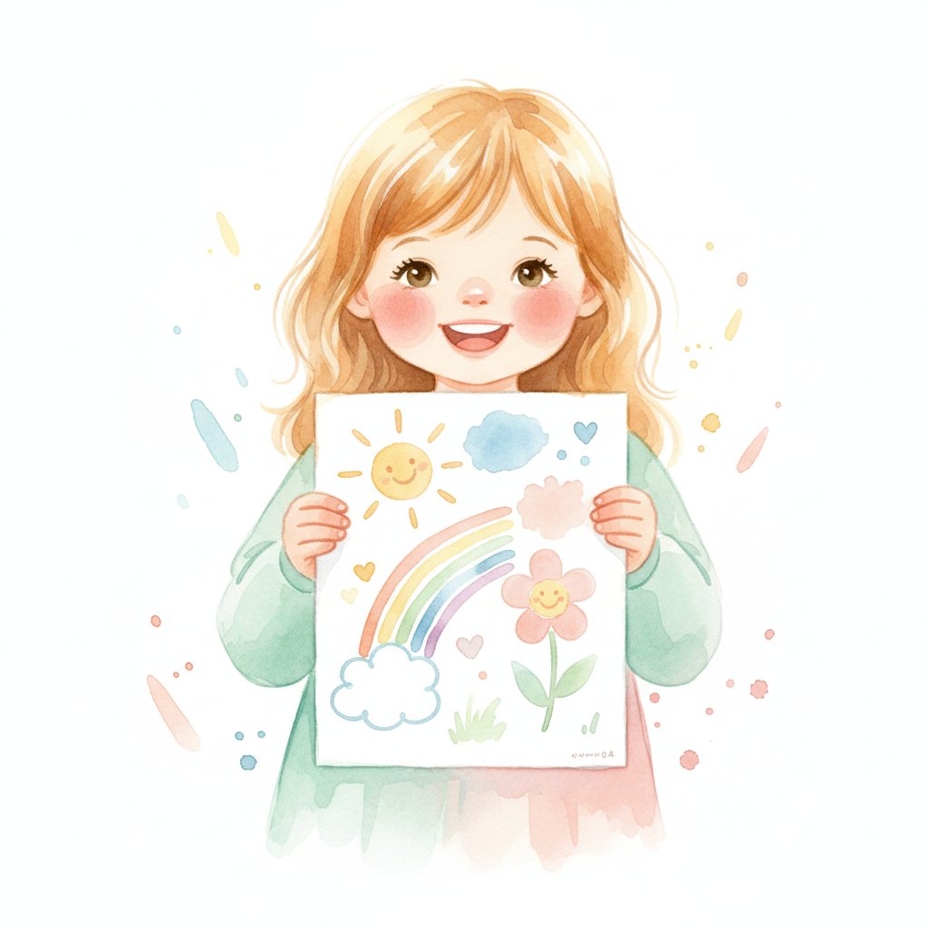 A child proudly holding up a finished colorful picture