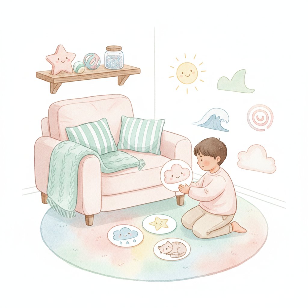 Cosy calm-down corner with emotion flashcards a feelings word wall and sensory tools