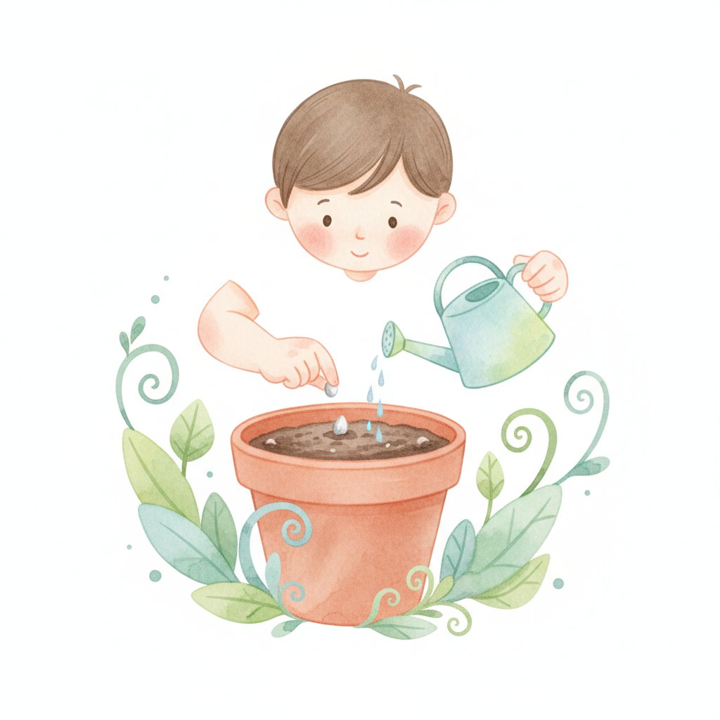 Watercolor illustration of a child planting a small seed in a pot of soil and watering it