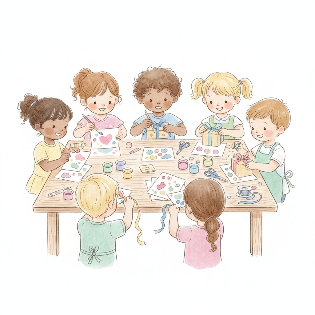 Watercolor illustration of children decorating cards and wrapping parcels