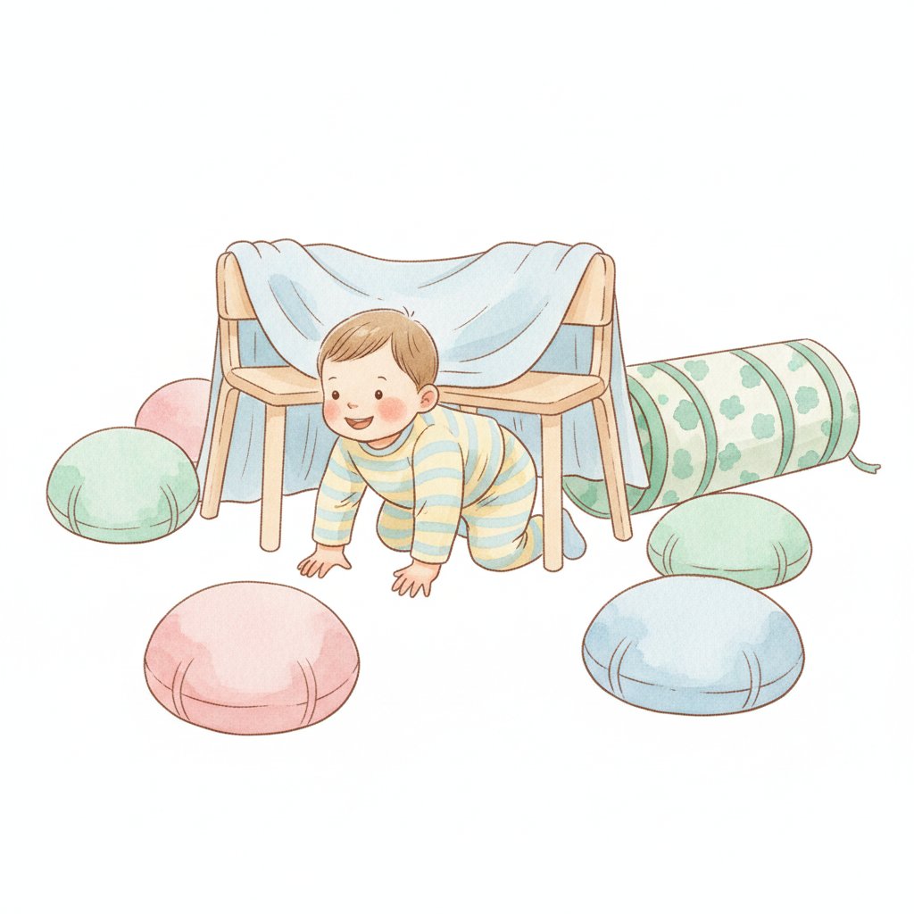 Watercolor illustration of a child crawling through an indoor obstacle course with cushions and a tunnel