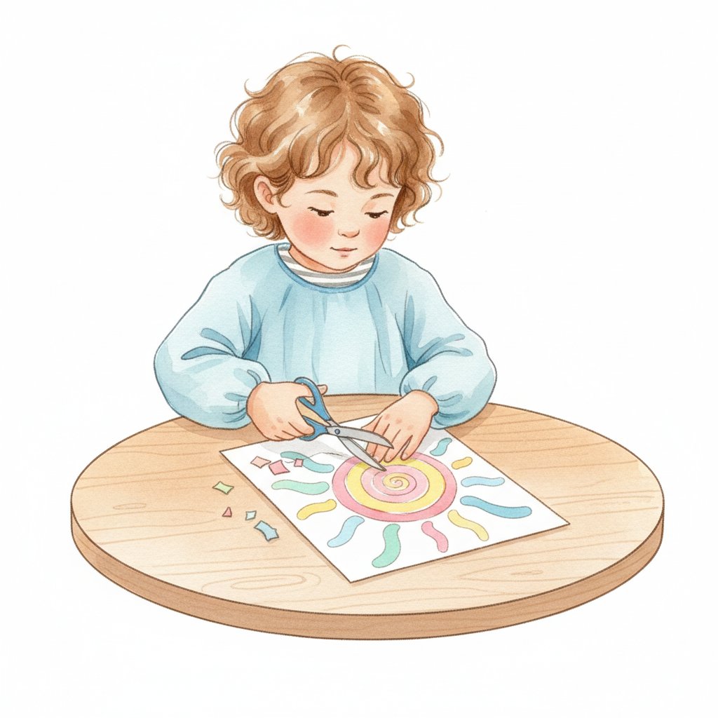 A child carefully cutting a spiral sun shape on a colourful cutting worksheet