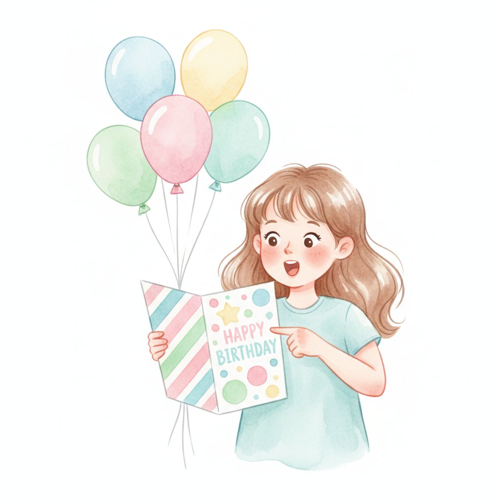 A delighted child pointing at a colorful birthday card, recognizing her own name
