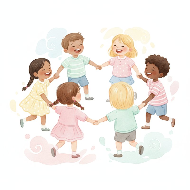 Watercolor of a cheerful diverse group of preschoolers from many cultures holding hands and playing