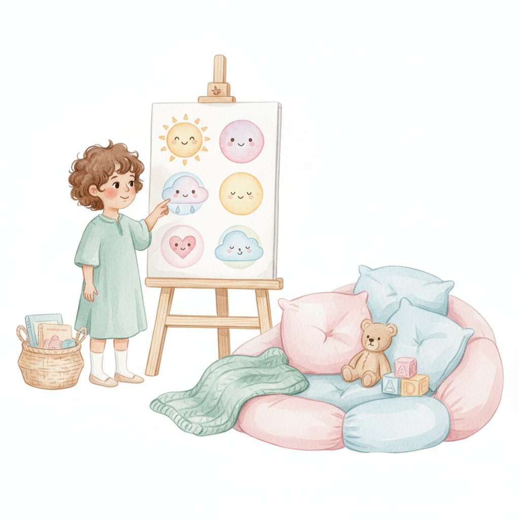 Child pointing to a friendly feelings chart near a calm-down corner