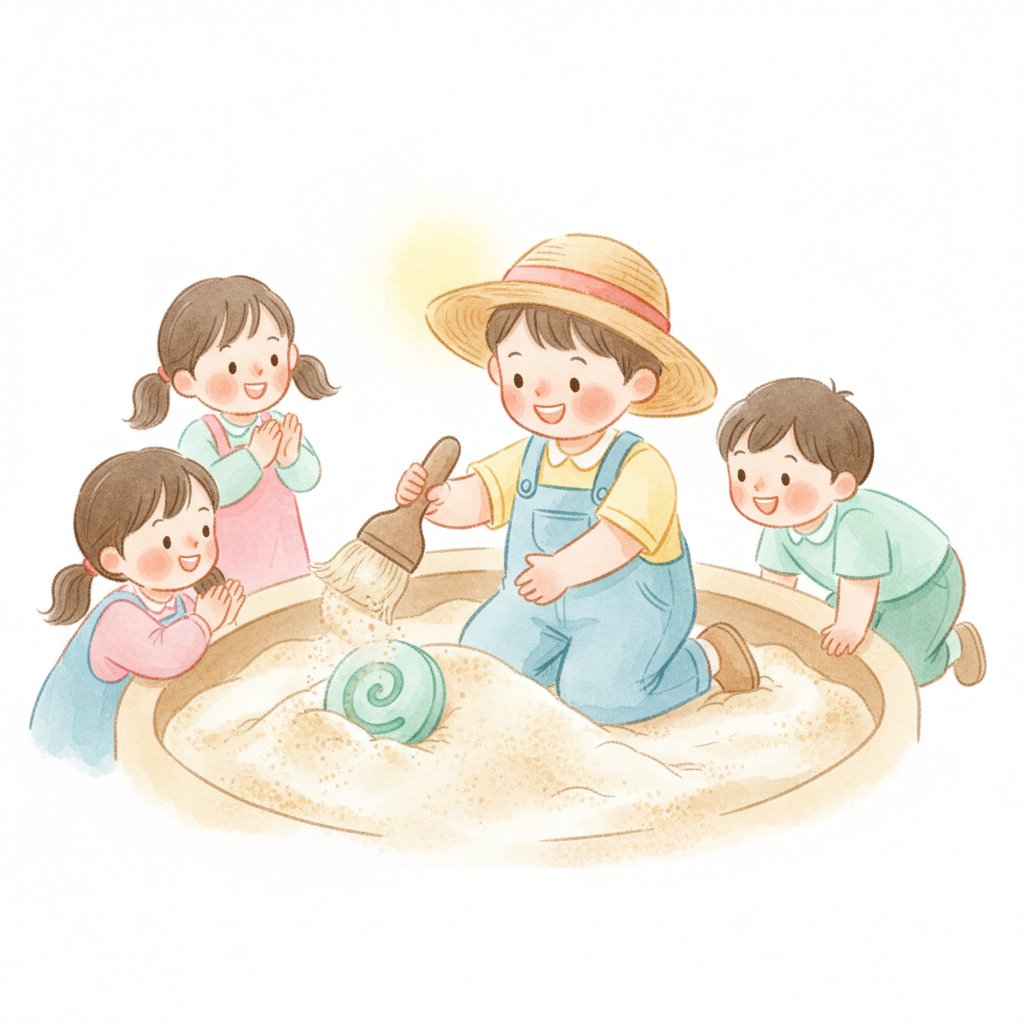 Child brushing sand off a hidden letter tile in a sandbox like a little archaeologist