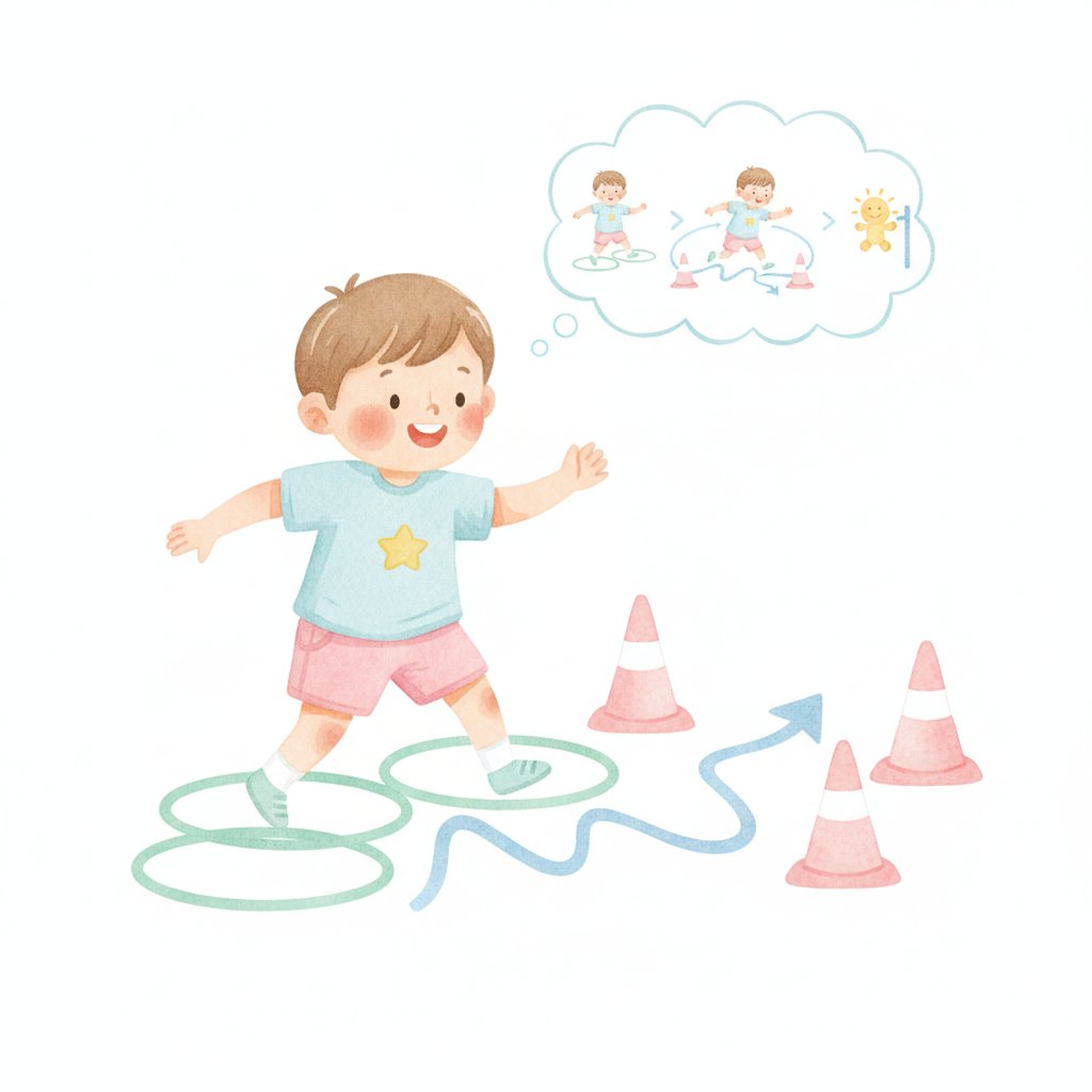 A child going through a hoop-and-cone obstacle course