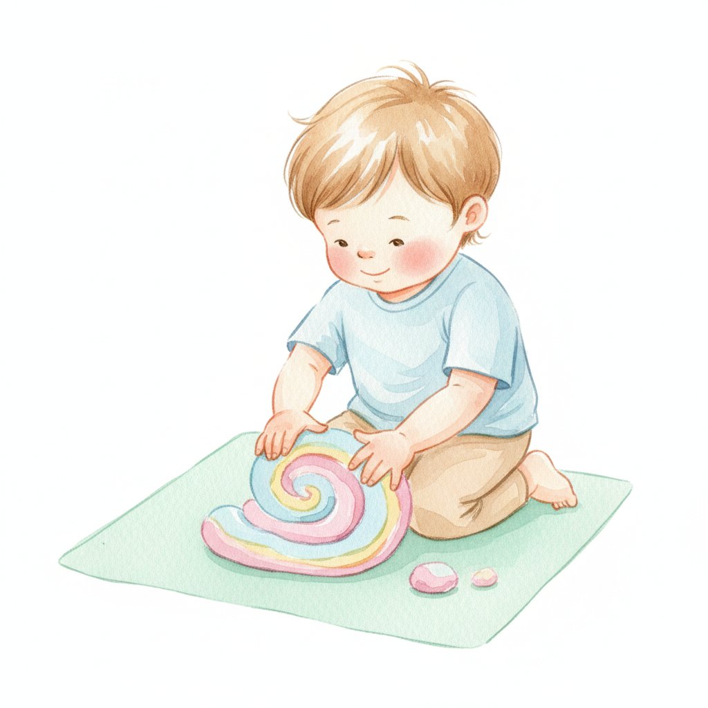 Watercolor illustration of a child shaping a swirl of playdough on a mat