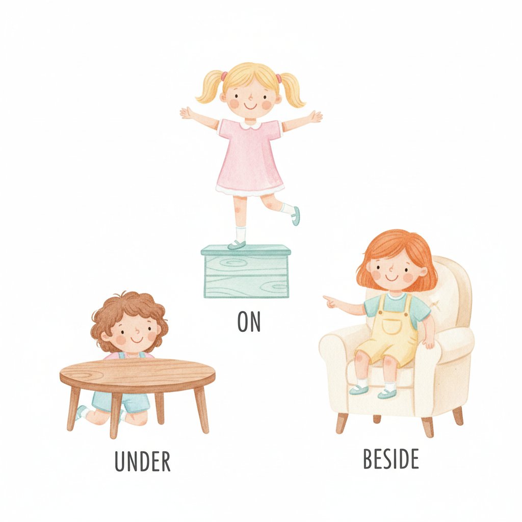 Children demonstrating position words under, on, and beside furniture