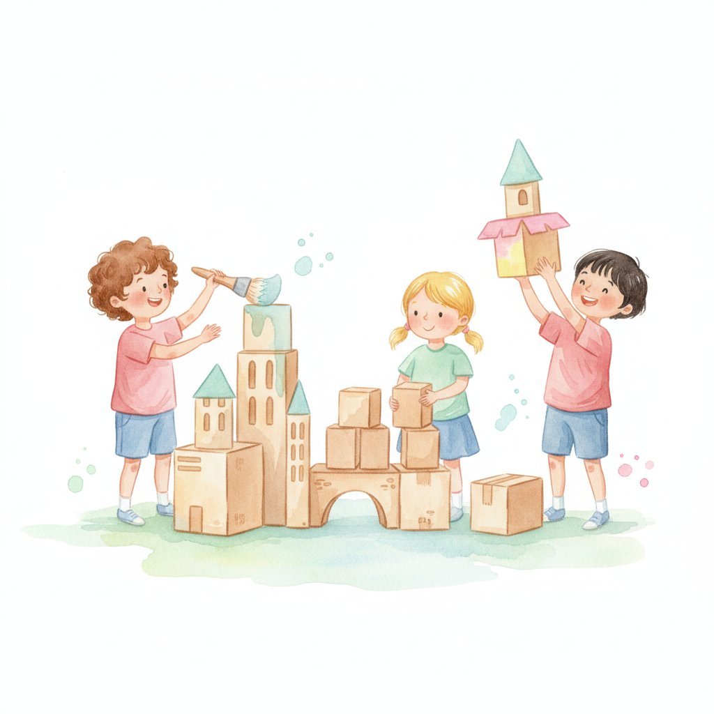 Watercolor illustration of children building and painting a little city from recycled cardboard boxes