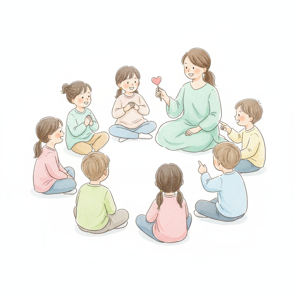 Children and teacher in a friendly reflection circle sharing kind moments