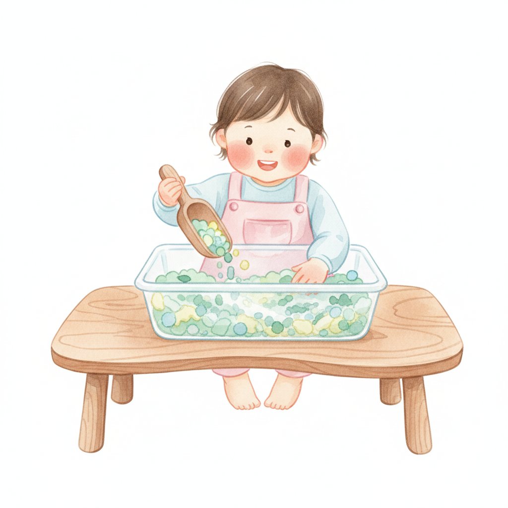 A child scooping sensory filler from a bin at a table