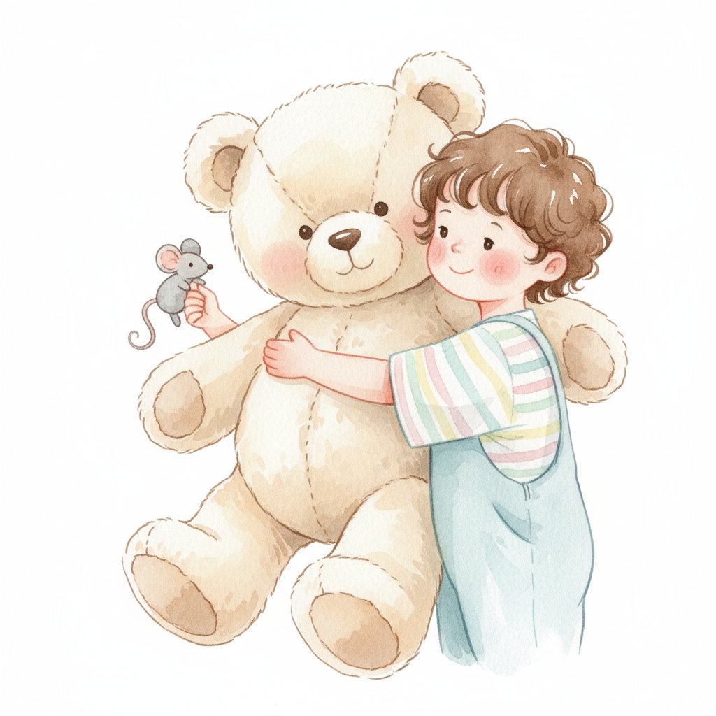 Watercolor illustration of a child hugging a big teddy bear while holding a tiny toy mouse