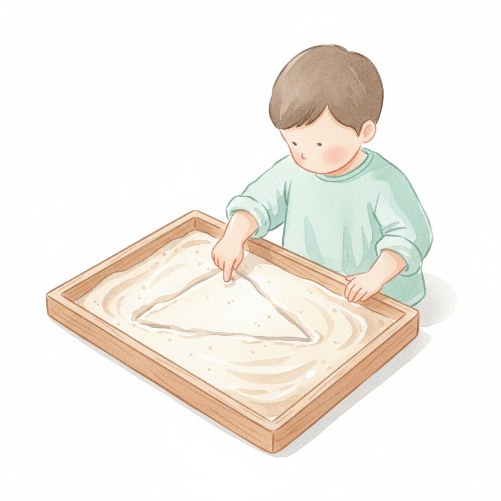 A child tracing a shape in a tray of sand, Montessori multisensory practice