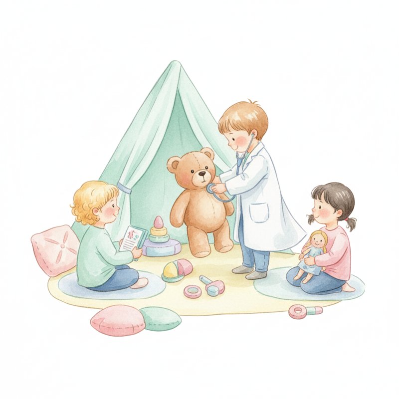 Children playing doctor with a teddy bear and toy stethoscope in a pretend clinic