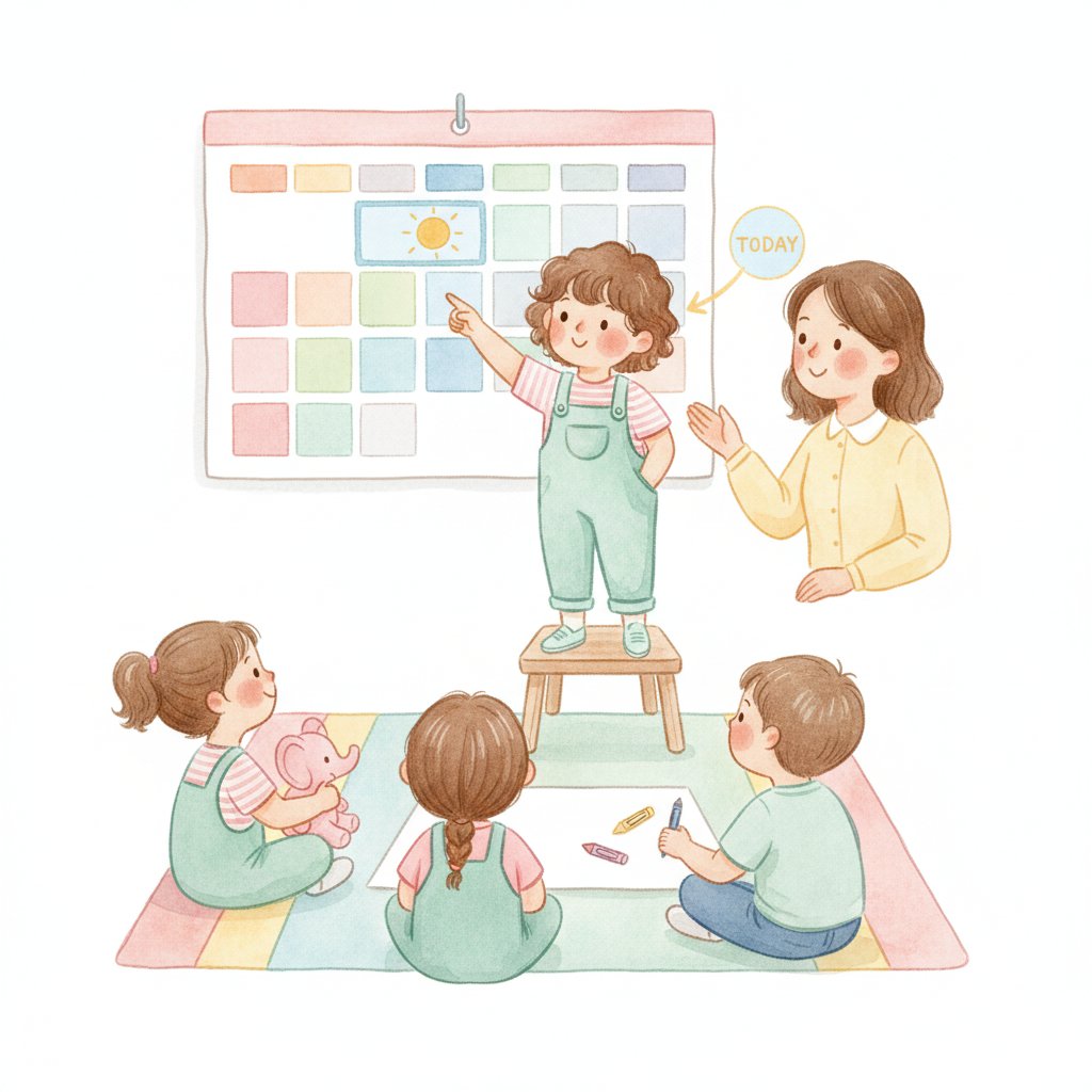 A child as calendar helper pointing to today on a big wall calendar