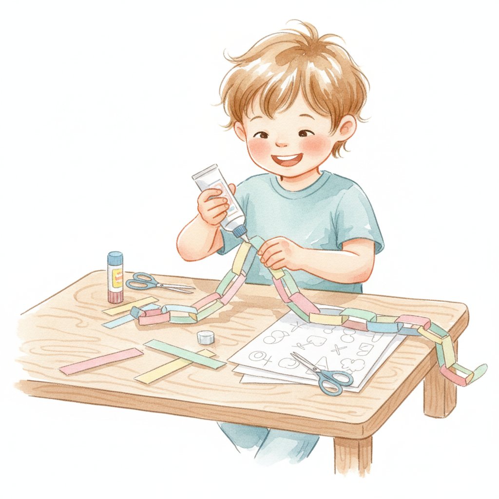 Child making a colorful paper-strip days-of-the-week chain