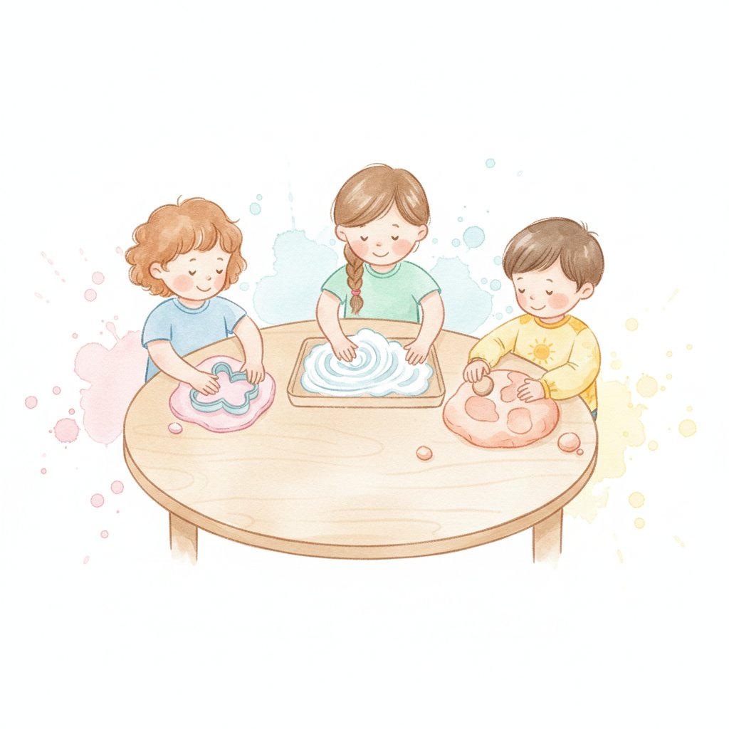 Children pressing letters into playdough and writing in shaving cream