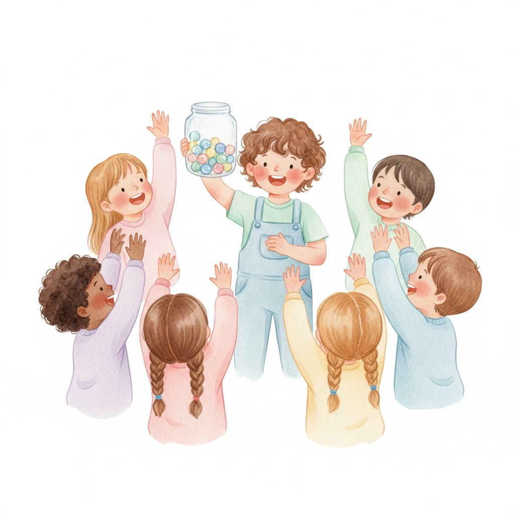 Child holding up a jar of marbles while classmates raise hands to guess the amount