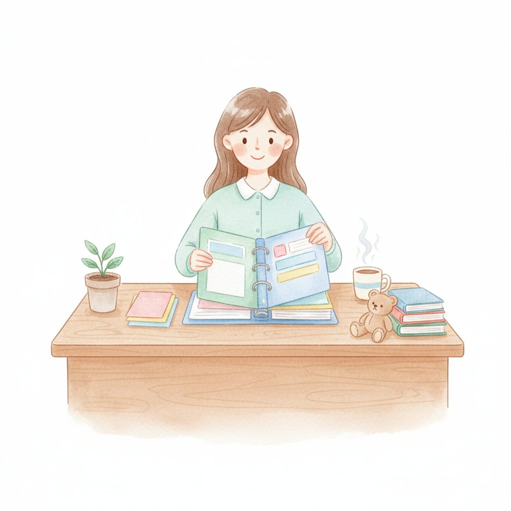 a teacher organizing a colorful binder at a tidy desk