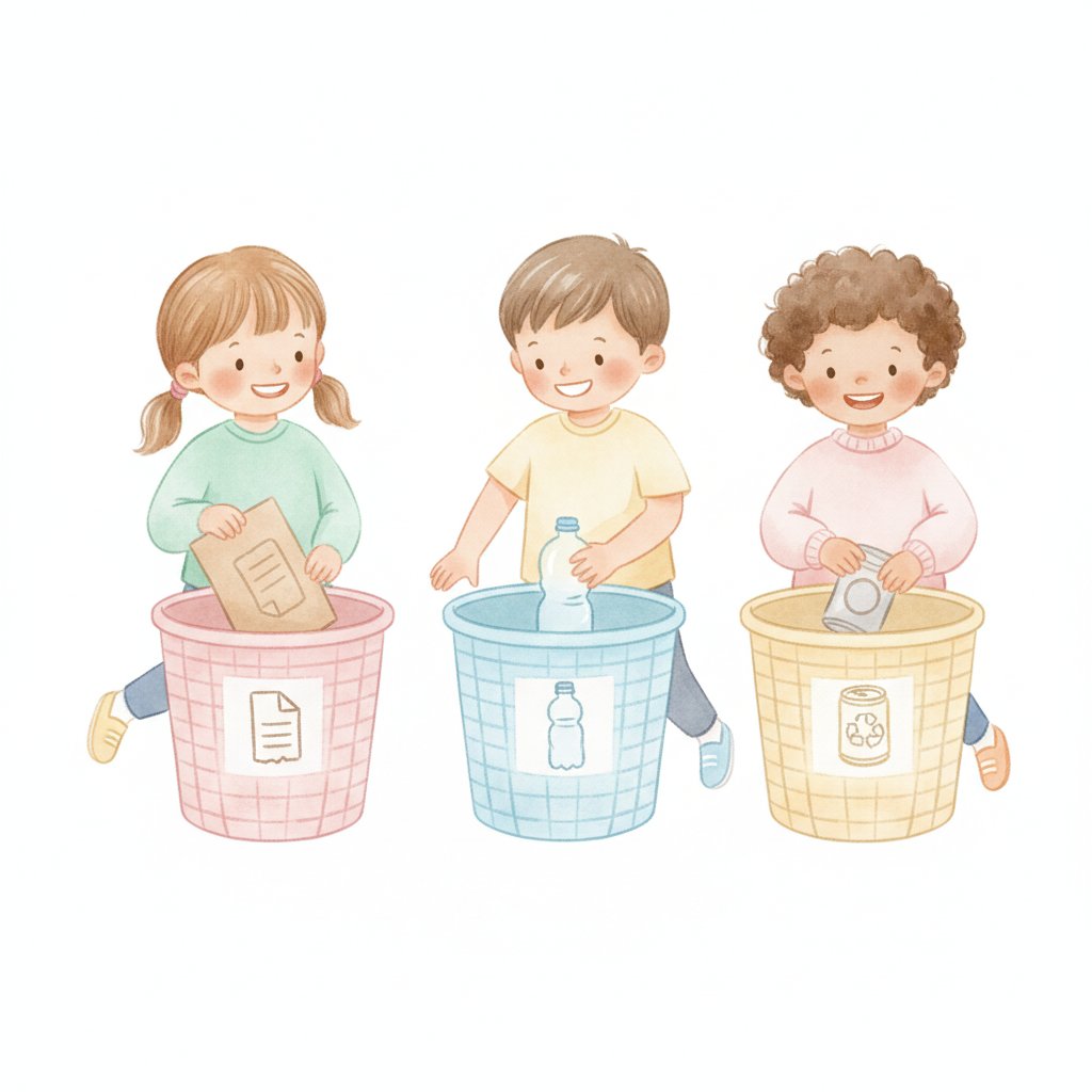 Children sorting paper, plastic and metal recyclables into three labeled bins