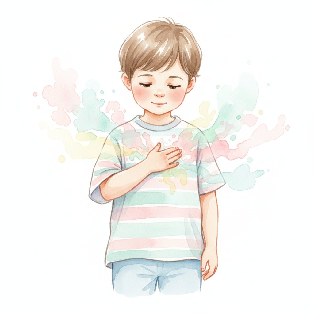 A child placing a hand on their heart while expressing a feeling