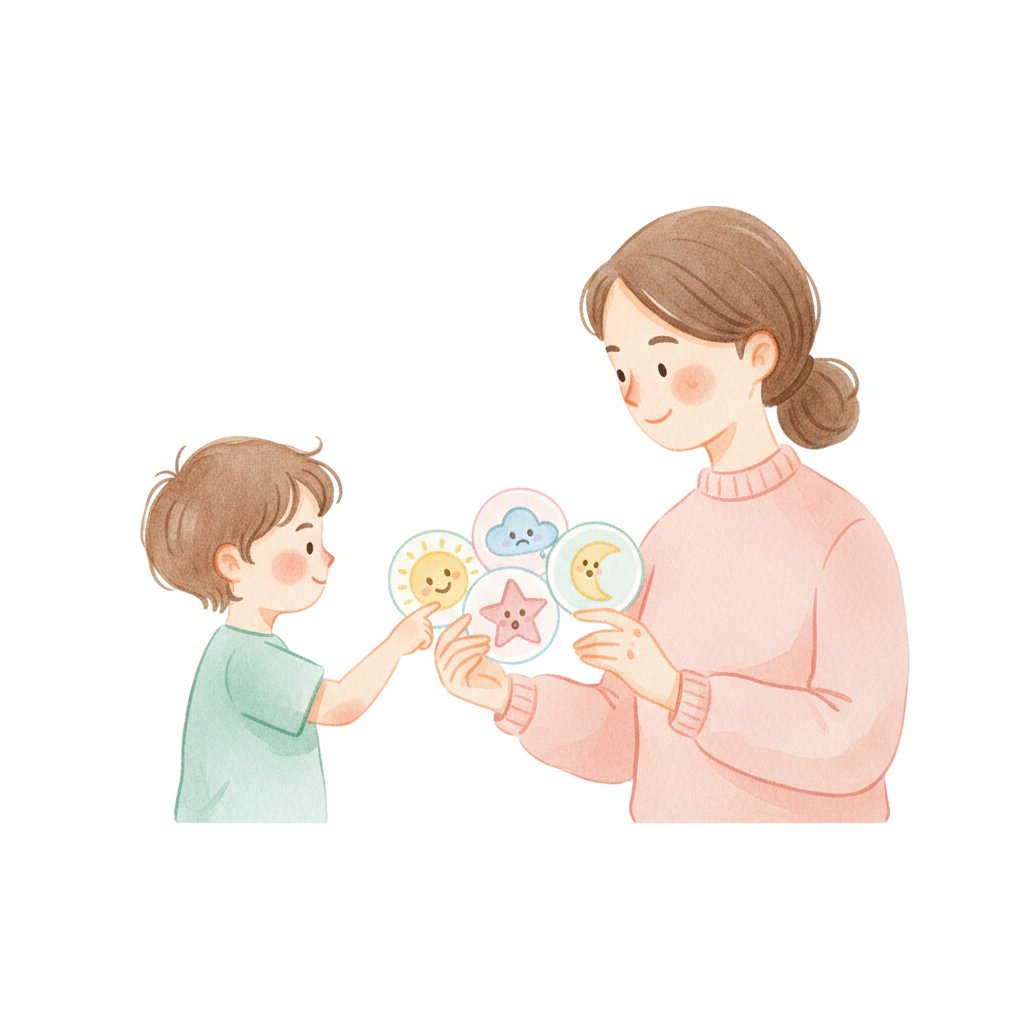 a child calmly choosing a feeling face card with a supportive teacher