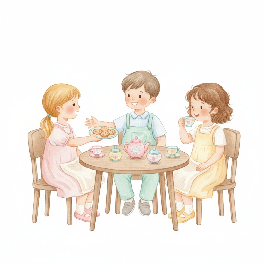 Children practicing table manners at a pretend tea party