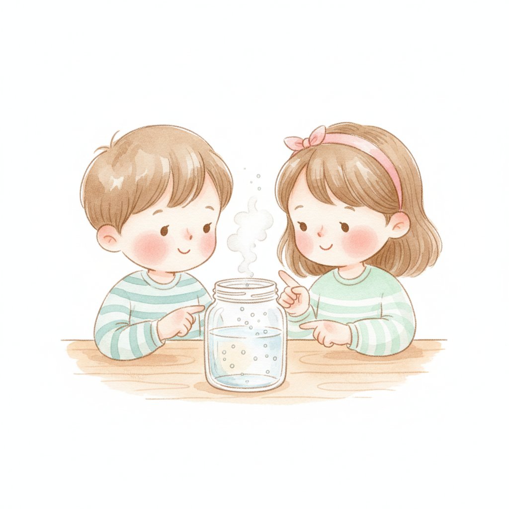 Children watching water droplets form in a rain-in-a-jar experiment
