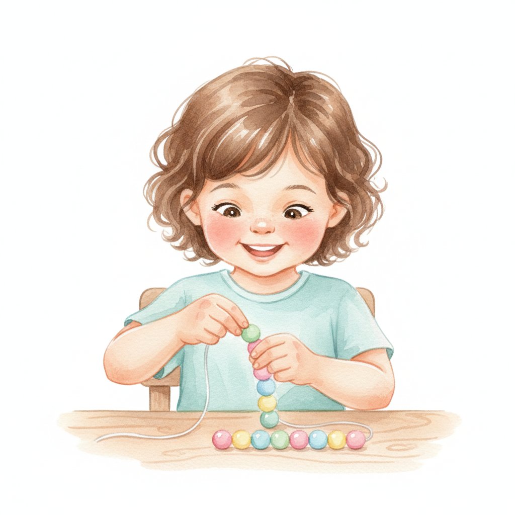 A child threading colorful beads in a repeating pattern