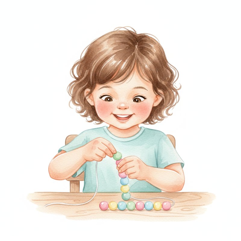 Watercolor illustration of a child threading colorful beads in a repeating pattern