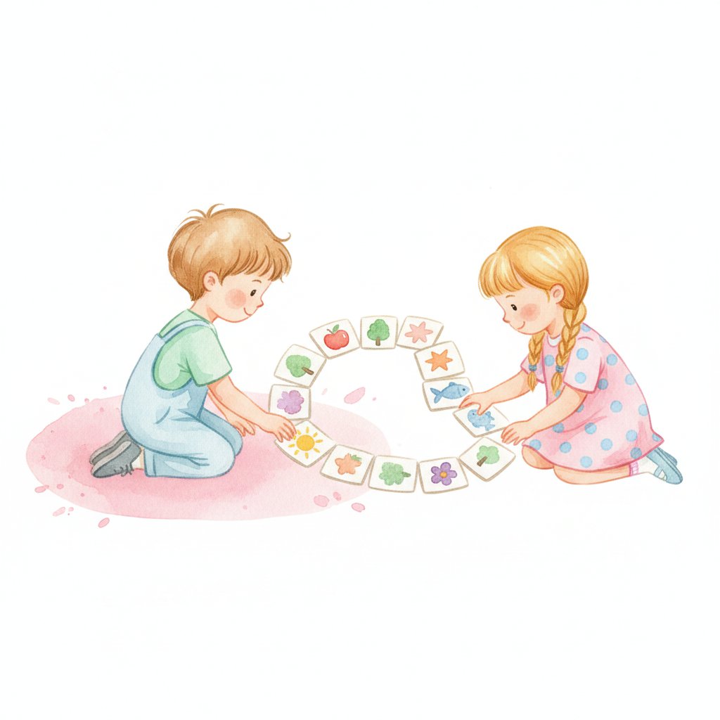 Two young children eagerly arranging picture cards in a row in a friendly building race