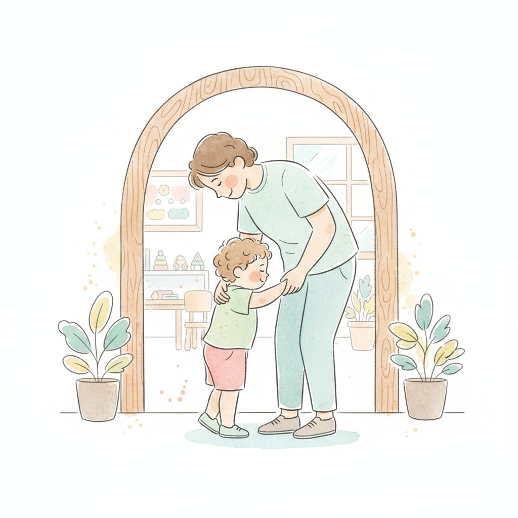 Watercolor illustration of a toddler hugging a parent goodbye at a preschool door