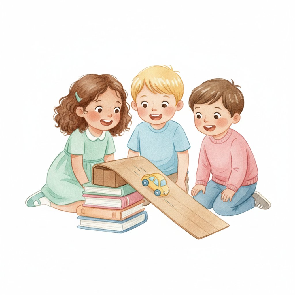 Children rolling a toy car down a cardboard ramp on books