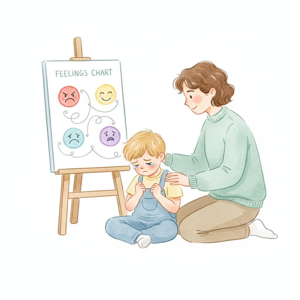 A patient adult warmly accepting a frustrated child's feeling beside a feelings chart, soft watercolor