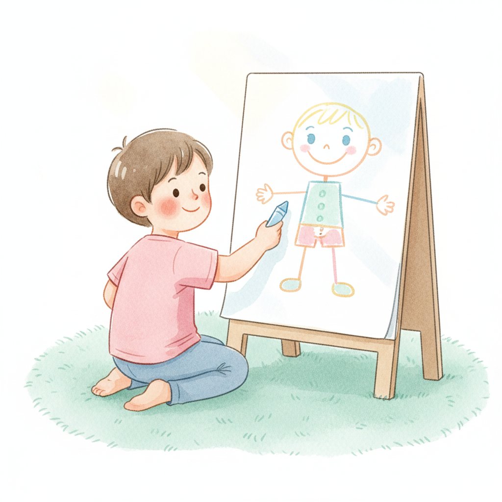 a child happily drawing a big self-portrait with all the body parts