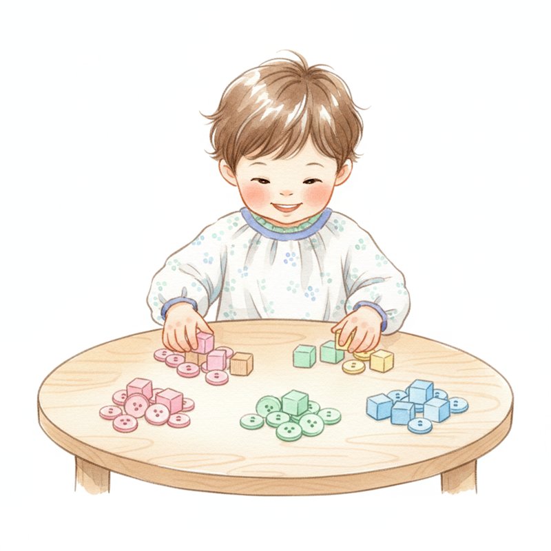 Child sorting colorful objects by color into groups