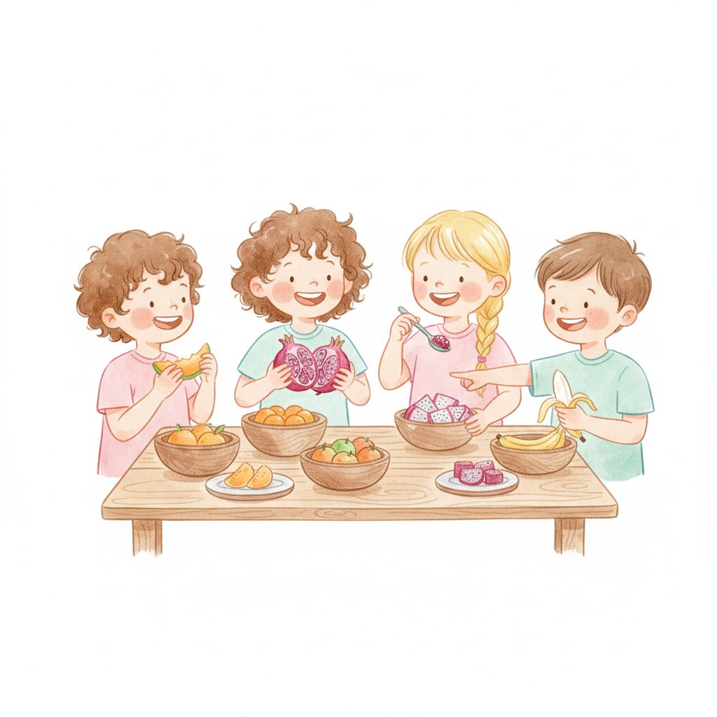 Watercolor of cheerful preschoolers tasting exotic fruits at a tasting table