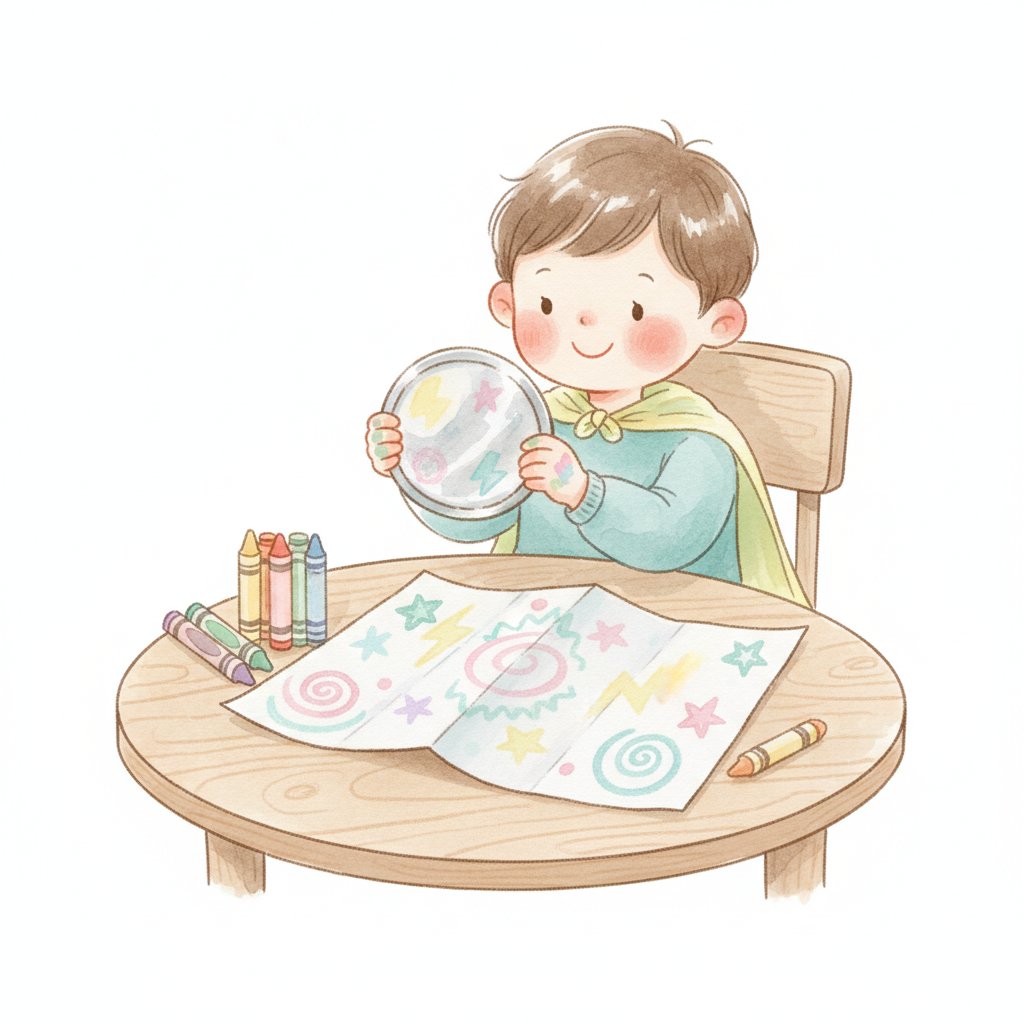 A child decorating a paper cape and badge for a superhero costume