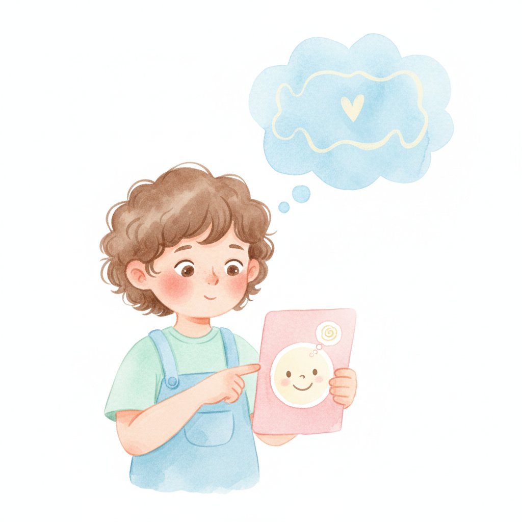 Child recognising and naming their own feeling pointing to an emotion face