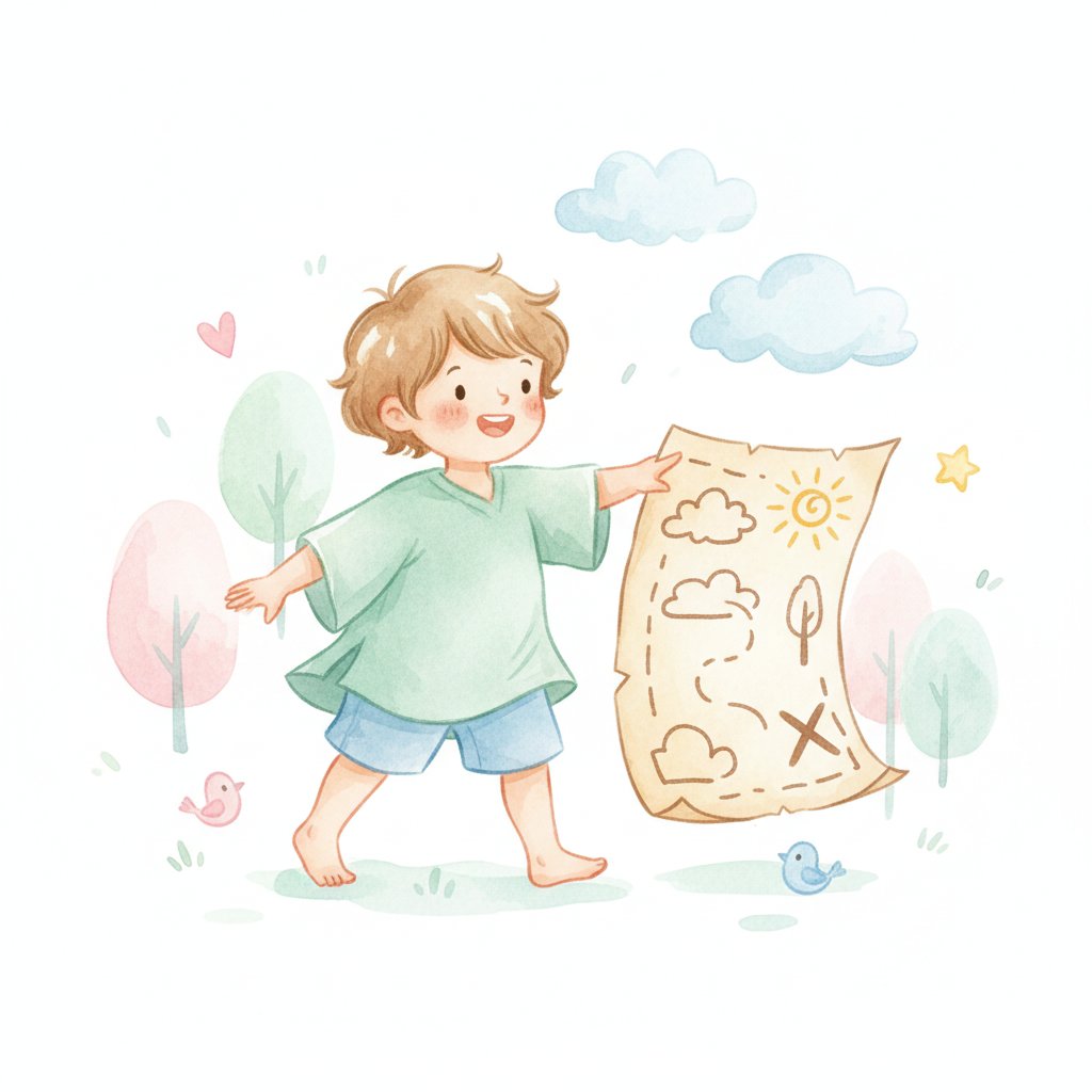 A young child following a hand-drawn treasure map on a search-and-find adventure
